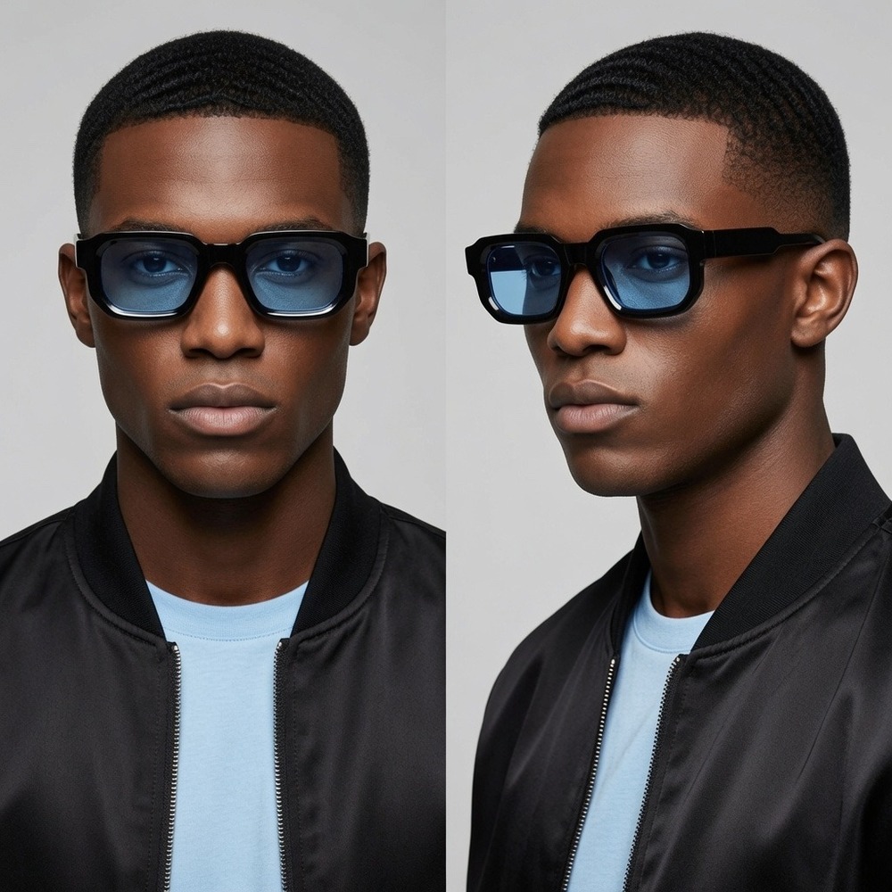 Mens Retro Black Square Sunglasses Light Blue Tinted Lens Hip Hop Chunky Frame‎